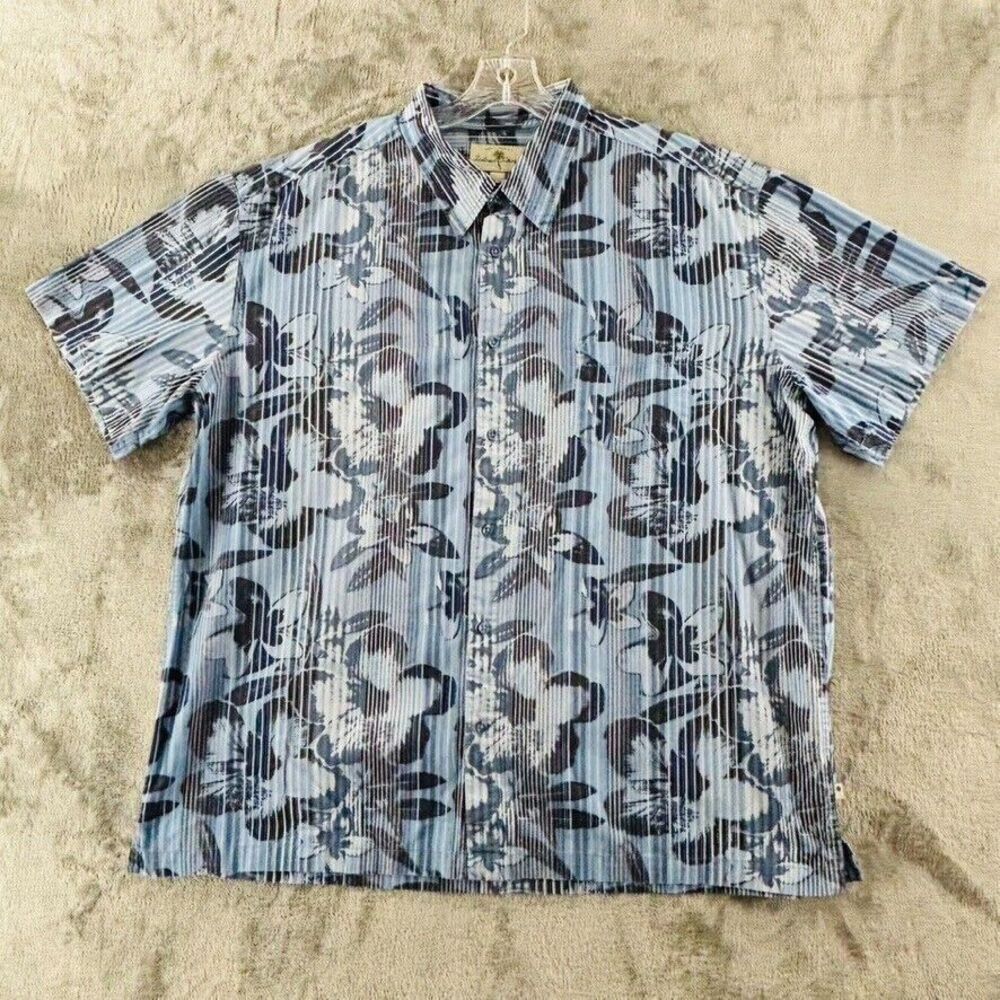 Vintage Island Shores Hawaiian Shirt Mens XXL Blue Hibiscus Short‎ Sleeve Button
